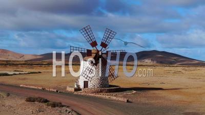 Spain, Canary Islands, Fuerteventura, Molino De Tefia, Traditional Windmill In Tefia - Video Drone Footage
