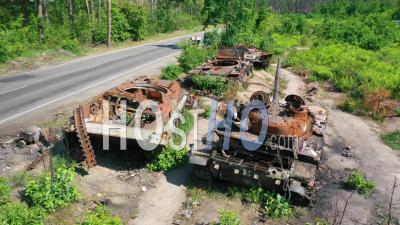 2022 - Aerial Over Destroyed And Abandoned Russian Tanks And War Equipment Left Along A Road During Ukraine's Summer Offensive - Video Drone Footage
