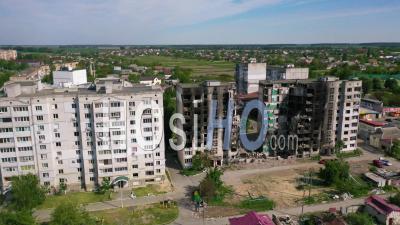 2022 - Aerial Of Borodyanka, Ukraine Bombed And Rocketed Apartment Buildings Where Hundreds Were Killed By Russian Occupation - Video Drone Footage