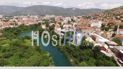 An Aerial View Shows The Neretva River Passing Through Mostar, Bosnia - Video Drone Footage