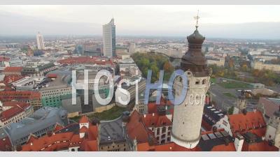 An Aerial View Shows The New Town Hall Of Leipzig, Germany Towering Over The Rest Of The City - Video Drone Footage
