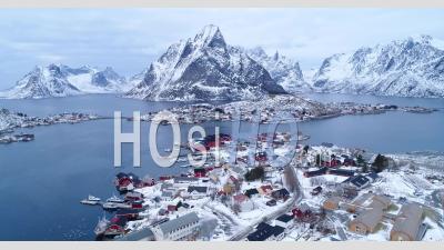 An Aerial View Shows Dwellings On The Wintry Lofoten Islands, Norway - Video Drone Footage