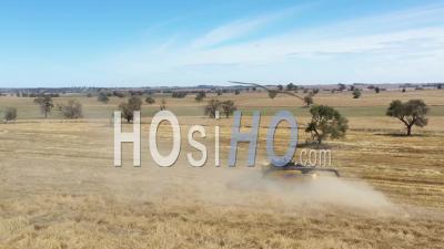 2020 - Farming Combine Raising Dust And Cutting Through A Field In Parkes, New South Wales, Australia - Video Drone Footage