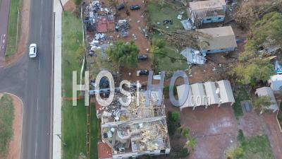 2021 - Damage Done By Cyclone Seroja To Homes In Kalbarri, Australia, Where Roofs Have Been Ripped Off Of Houses - Video Drone Footage
