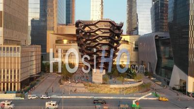 Aerial Of Tourists Climbing The Vessel, An Artistic Outdoor Spiral Staircase, In The Hudson Yards Of New York City, New York - Video Drone Footage