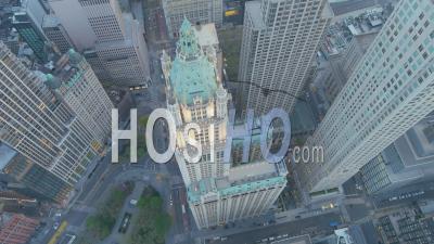2022 - Beautiful Aerial Top Down View Of The Woolworth Building Skyscraper In Manhattan, New York City - Video Drone Footage