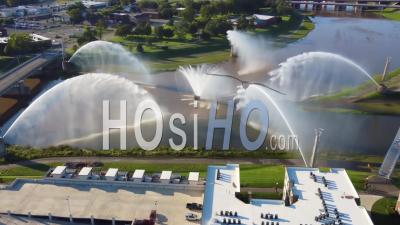 Spectacular Aerial Over The Riverscape Fountain Display On The Ohio River In Dayton Ohio - Video Drone Footage