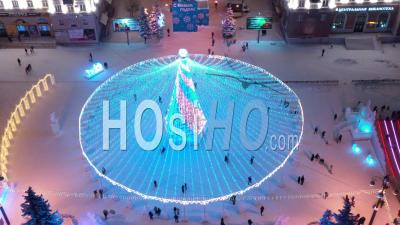 Christmas Tree In The Central Square Of The City. View From Above - Video Drone Footage