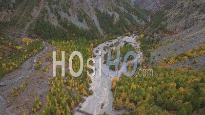 Mountain Forest In Autumn (vallon De L'onde, On The Edge Of The Ecrins National Park) Hautes-Alpes, Viewed From Drone