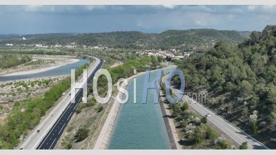Saint Paul Les Durance, The Edf Canal And The A51 Motorway And The D952, The Durance On The Left, Bouches-Du-Rhone, France - Video Drone Footage