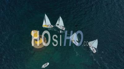 Sailboat Regatta In Marseille Bay, Between The Frioul Islands, The If Castle And The City Of Marseille, Bouches-Du-Rhone, France - Video Drone Footage