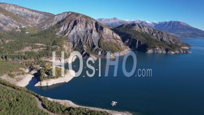 Serre-Ponçon Lake In Autumn, Hautes-Alpes, France, Viewed From Drone