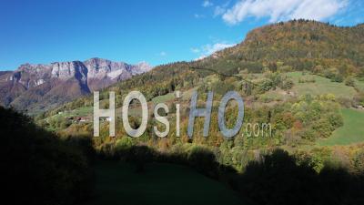 Mountain Landscape In Val De Chaise In Autumn, Savoie, France, Viewed From Drone