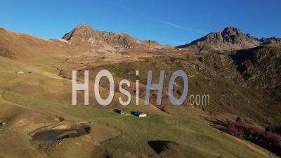 Mountain Landscape In Autumn In The Hauteluce Valley, At The Foot Of The Col Du Joly, Savoie, France, Viewed From Drone
