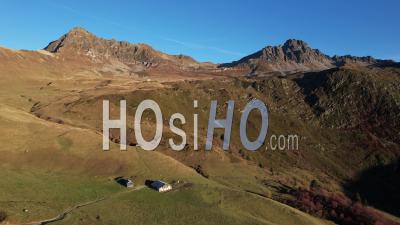 Mountain Landscape In Autumn In The Hauteluce Valley, At The Foot Of The Col Du Joly, Savoie, France, Viewed From Drone