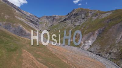 Bed Of A Dry Mountain Torrent (summer Drought) In Summer, Hautes-Alpes, France, Viewed From Drone