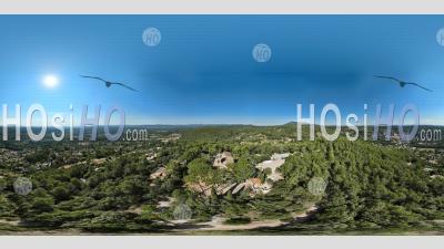 360 Panorama Photo Of Notre-Dame-Des-Graces Church In Cotignac Village, Provence, France - Aerial Photography