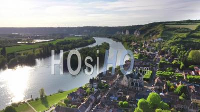 Le Petit Andely And Seine Valley With The Chateau Island, Les Andelys, Eure, France - Drone Point Of View