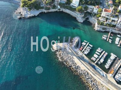 Calanques National Park, Cassis Village, Its Port And The Grande Beach Sea, Bouches-Du-Rhone, France - Aerial Photography