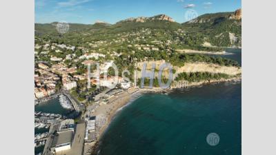 Calanques National Park, Cassis Village, Its Port And The Grande Beach Sea, Bouches-Du-Rhone, France - Aerial Photography