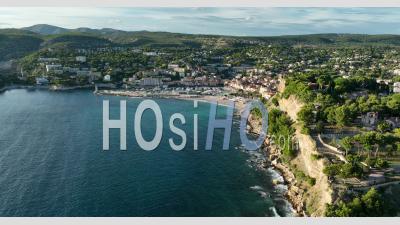 Calanques National Park, Cassis Village, Its Port And The Grande Beach Sea, Bouches-Du-Rhone, France - Video Drone Footage