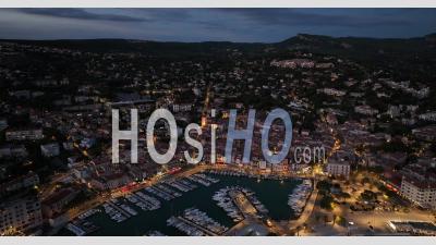 Calanques National Park, Cassis Village, Its Port And The Grande Beach Sea By Night, Bouches-Du-Rhone, France - Video Drone Footage
