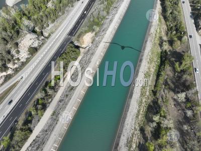 Saint Paul Les Durance, The Edf Canal And The A51 Motorway And The D952, The Durance River, Bouches-Du-Rhone, France - Aerial Photography