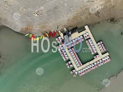 Top View Of Pedal Boats And Kayaks For Rent Docked On The Sainte Croix Lake, Verdon Regional Nature Park, Var, France - Aerial Photography