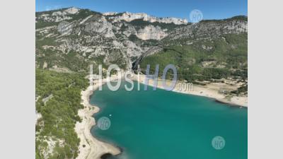 Lower Water Levels In The Lake Sainte Croix, Verdon Regional Nature Park, During The 2022 Drought, Var, France - Aerial Photography