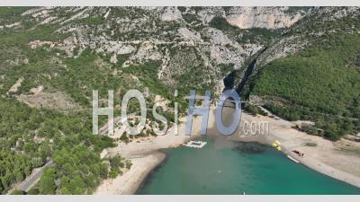 Lower Water Levels In The Lake Sainte Croix, Verdon Regional Nature Park, During The 2022 Drought, Var, France - Video Drone Footage