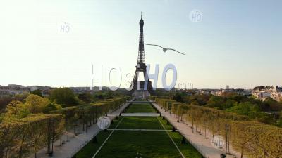 Medium Altitude Wide Angle Sight Of Eiffel Tower During The Quarantine Of Paris, Drone Point Of View