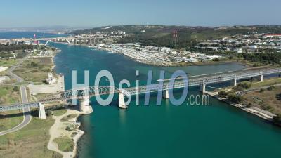 Martigues, Caronte Channel, Caronte Viaduct And Its Swing Bridge, Bouches-Du-Rhone, France - Video Drone Footage