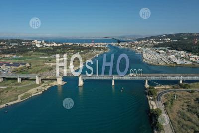 Martigues, Caronte Channel, Caronte Viaduct And Its Swing Bridge, Bouches-Du-Rhone, France - Aerial Photography