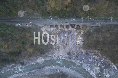 Roya Valley, Fontan, Work To Support A Wall Carrying A Railway Bridge, Alpes-Maritimes, France - Aerial Photography