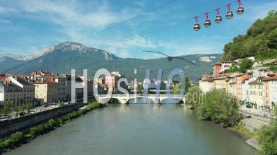 Grenoble Cable Car Passing Over The River Isere, France, Drone Point Of View
