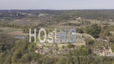 Drone View Of Domme And The Ruins Of The King's Castle ,The Dordogne River In The Background, France
