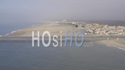 Drone View Of Capbreton In The Mist, The Capbreton Pier, The Boucarot Pass With Ocean Evaporation, In The Background Soorts Hossegor