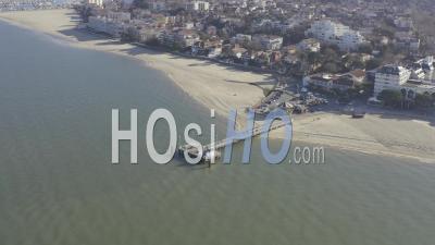 Drone View Of Arcachon, Eyrac Beach, Eyrac Pier With The Permanent Carousel