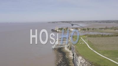 Drone View Of Talmont-Sur-Gironde, Cabanes A Carrelets, Falaise Du Caillaud, The Village, In The Background Meschers-Sur-Gironde