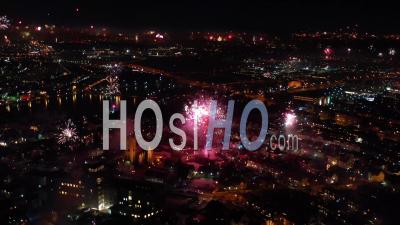 Fireworks Display Over Reykjavik On New Year Eve Night, Iceland - Video Drone Footage