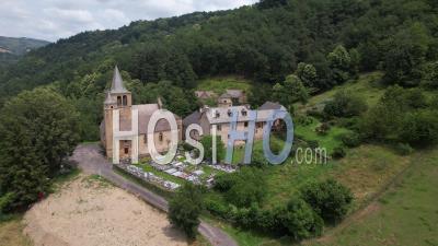 Saint-Julien Du Cambon Church In The Lot Valley, Viewed From Drone