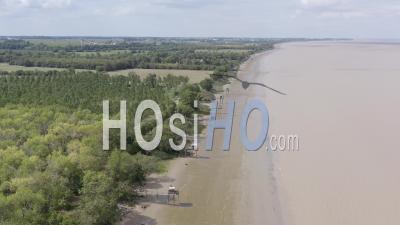 Drone View Of The Estuaire De La Gironde, Cabanes A Carrelets, Low Tide