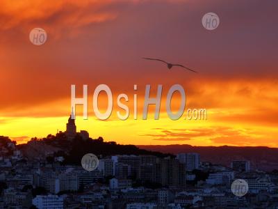 Marseille City Skyline At Sunset And Notre-Dame-De-La-Garde , France - Aerial Photography