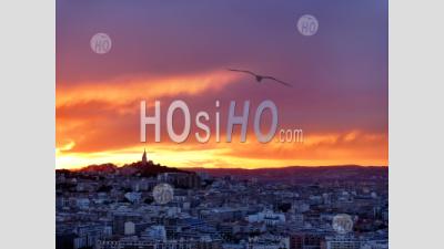Marseille City Skyline At Sunset And Notre-Dame-De-La-Garde , France - Aerial Photography