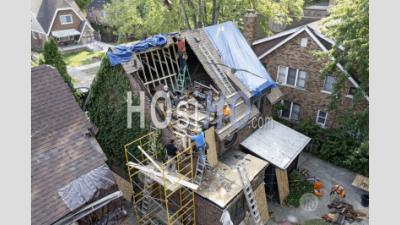 Workers Rebuild House Hit By Falling Tree - Aerial Photography