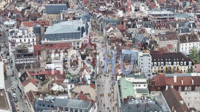 Pedestrian In The Shopping Street Of Dijon - Video Drone Footage