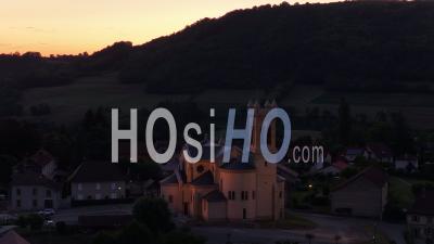 Small Village Church At Sunset, France, Drone Point Of View