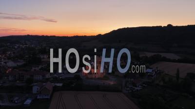 Small Village Church At Sunset, France, Drone Point Of View