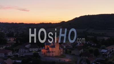 Small Village Church At Sunset, France, Drone Point Of View