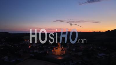 Small Village Church At Sunset, France, Drone Point Of View